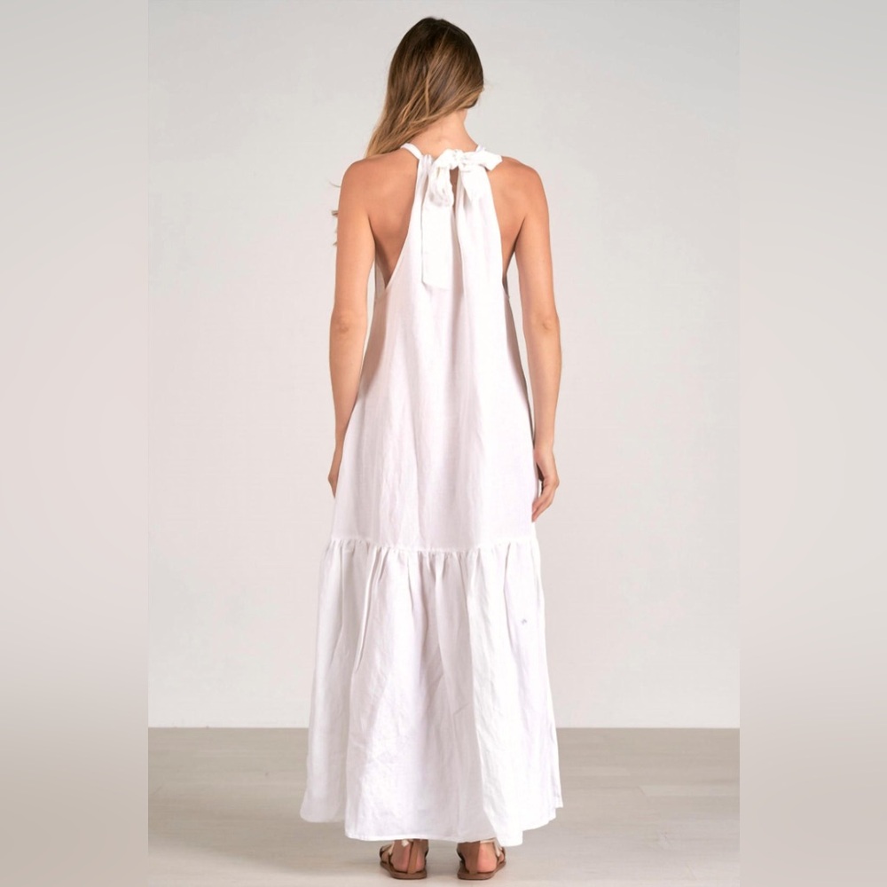 Elan High Neck Tiered Halter Maxi Dress White Linen Blend Relaxed Flowy Fit NWT - Picture 3 of 15